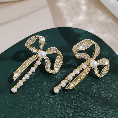 Pearl Drop Earrings with Bow Design for Women 2