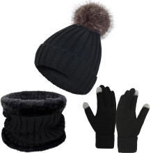 Căciulă tricotată de iarnă pentru femei cu pompon din blană artificială, eșarfă și mănuși tactile, căptușită cu fleece, compatibilă cu