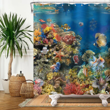 Rideau de douche « Monde sous-marin » en tissu avec crochets, 183 x 198 cm