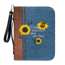 Sunflower Butterfly Denim PU Leather Bible Cover for Women & Men – Trust in the Lord, Detachable Wristlet Strap, 2XL, Compatible with Standard