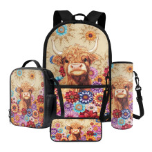 Boho Mandala Highland Cattle Print Backpack Set for Girls & Teens – 4-in-1 School Kit (Backpack, Lunch Box, Pencil Case, Water Pouch)