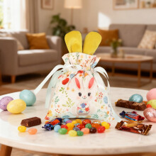 Easter Drawstring Candy Bags – Bunny Egg Printed Fabric Pouches, Reinforced Drawstrings, Reusable, 7.48x6.3in, Yellow
