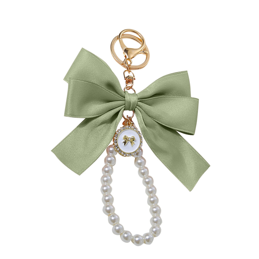 Bow Keychain with Simulated Pearl and Green Ribbon Charm