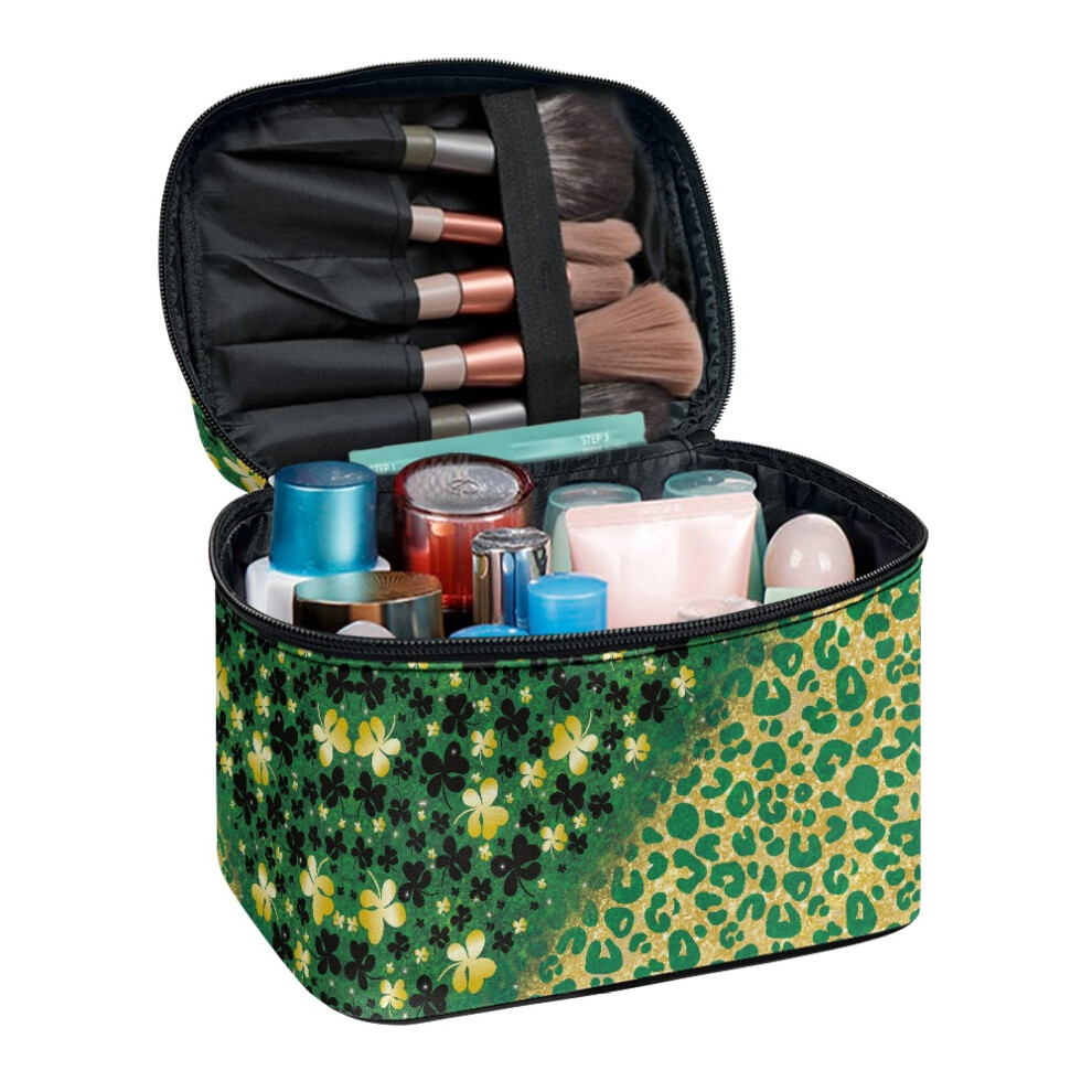 With Brush Storage Travel Cosmetic Toiletry Bags Polyester Lightweight Cosmetic Bag Make Up Organizer Case, Clover Leopard Print