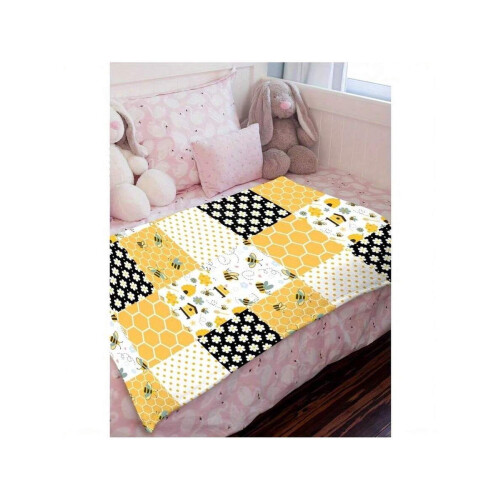 Κουβέρτα Cozy Bee Flannel – Διπλής Όψης με Κηρήθρα & Μέλισσες σε Στυλ Κινούμενου Τύπου, 2