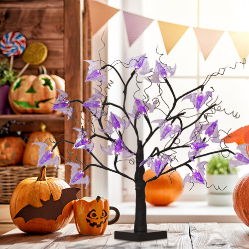 Μαγευτικές διακοσμήσεις για το Halloween, φωτισμένο δέντρο 2FT με μωβ φώτα που 1