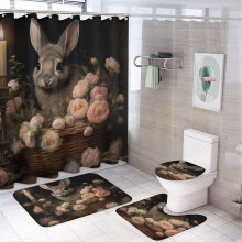 4-Piece Shower Curtain Set with Waterproof Curtain, Non-Slip Rug, Toilet Lid Cover & Bath Mat – Bunny in Basket Design with Flowers & Candle