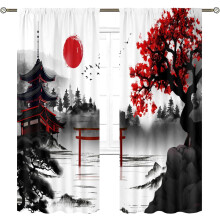 Black & Red Japanese Cherry Blossom Curtains 52x84", Rod Pocket, Asian Anime Watercolor Art, 2 Panels