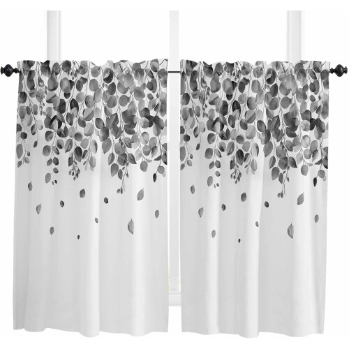Eucalyptus Black Kitchen Curtains Rod Pocket 2 Panels 42x54