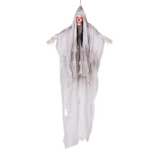 75" Halloween Grim Reaper with White Robe, Voice-Activated Hanging Ghost Prop, Scary Giant Skeleton w/ Creepy Sounds & Light-Up Eyes – Compatible