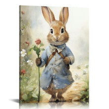 Easter Bunny and Floral Canvas Wall Art Pine Wood Frame