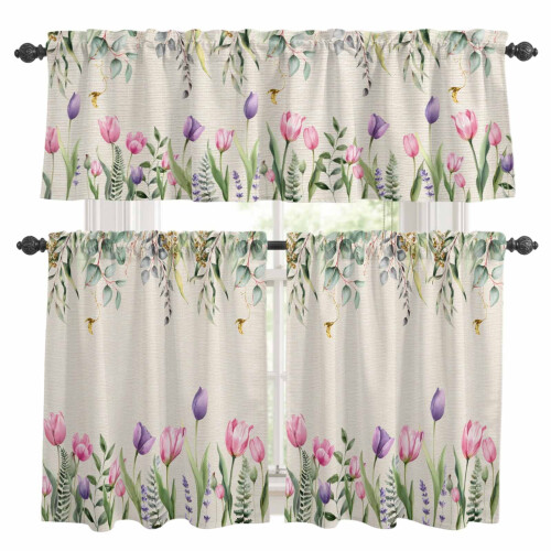 Spring Floral Kitchen Curtains and Valances Set Linen