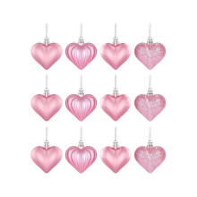 12 Pcs Heart-Shaped Pink Ornaments, Shiny Valentine's Tree Hangings, Multi-Finish Baubles for Valentine's, Christmas, Wedding & Party Decor