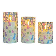 Easter LED Pillar Candles with Remote Flickering Glass Set