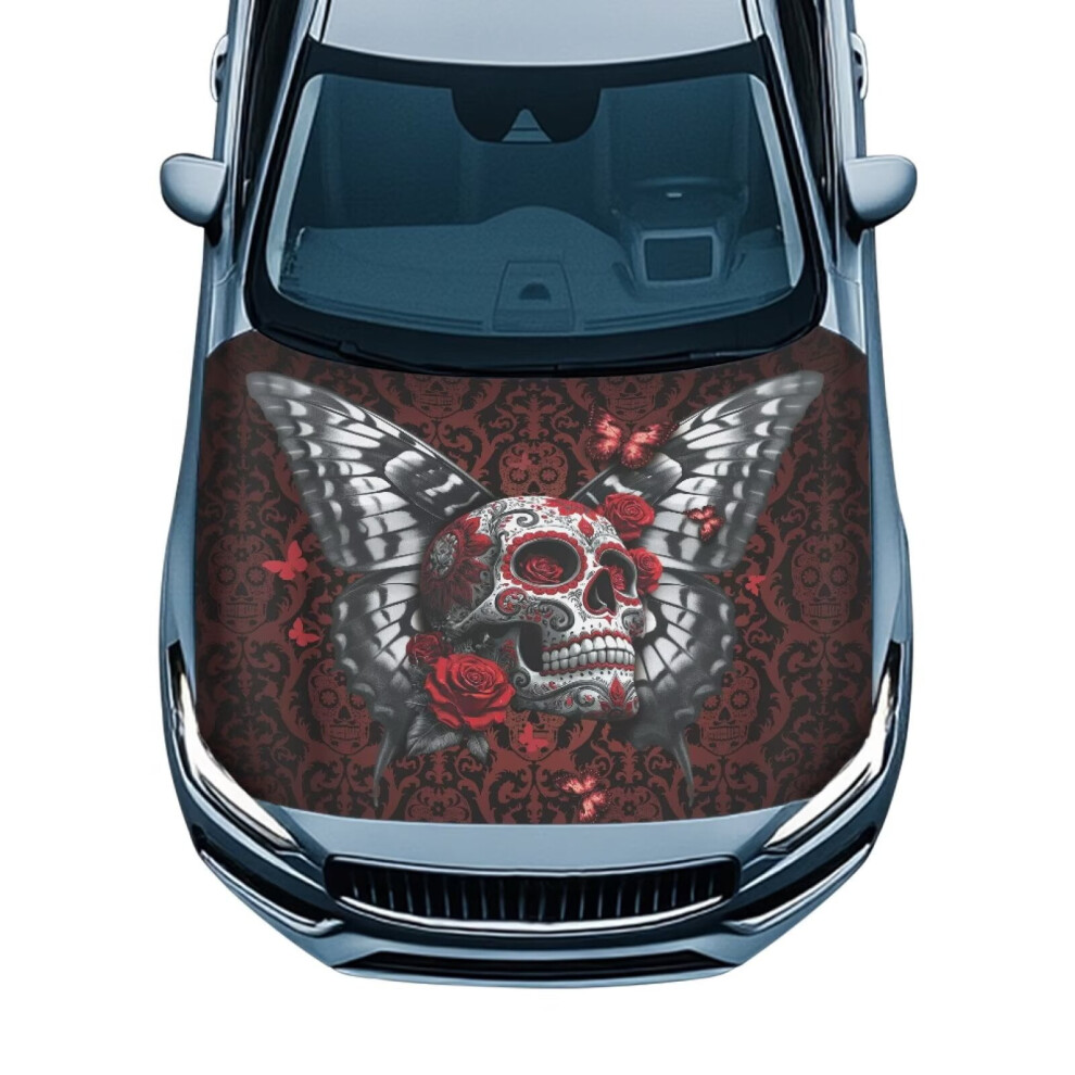 Elastic Car Hood Cover With Rose, Butterfly & Skull Design Â Removable Universal Protector For Suv, Sedan, Truck, Pickup Â Compatible With All Red 9399596688251