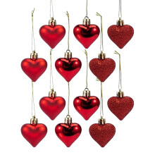 Heart Ornaments 12 Pcs Multi Finish Heart Baubles Hanging Ornaments for Christmas Tree Valentine's Day Decor Party Decoration, 1.77x2.36 Inch, Red