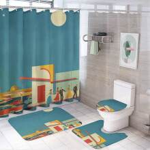 4-Pc Shower Curtain Set w/ Non-Slip Rug, Toilet Lid Cover & Bath Mat – Mid-Century Boho Dance Illustration