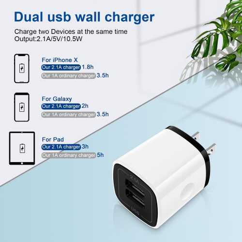 Συμβατό με το iPhone Charger Block, τον προσαρμογέα τοίχου 2.1A Dual USB + 2 καλώδια 10ft – Γρήγορη 2