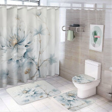 4-Piece White Flower Shower Curtain Set with Rug, Toilet Lid Cover & Non-Slip U-Shaped Mat – Watercolor Floral Design