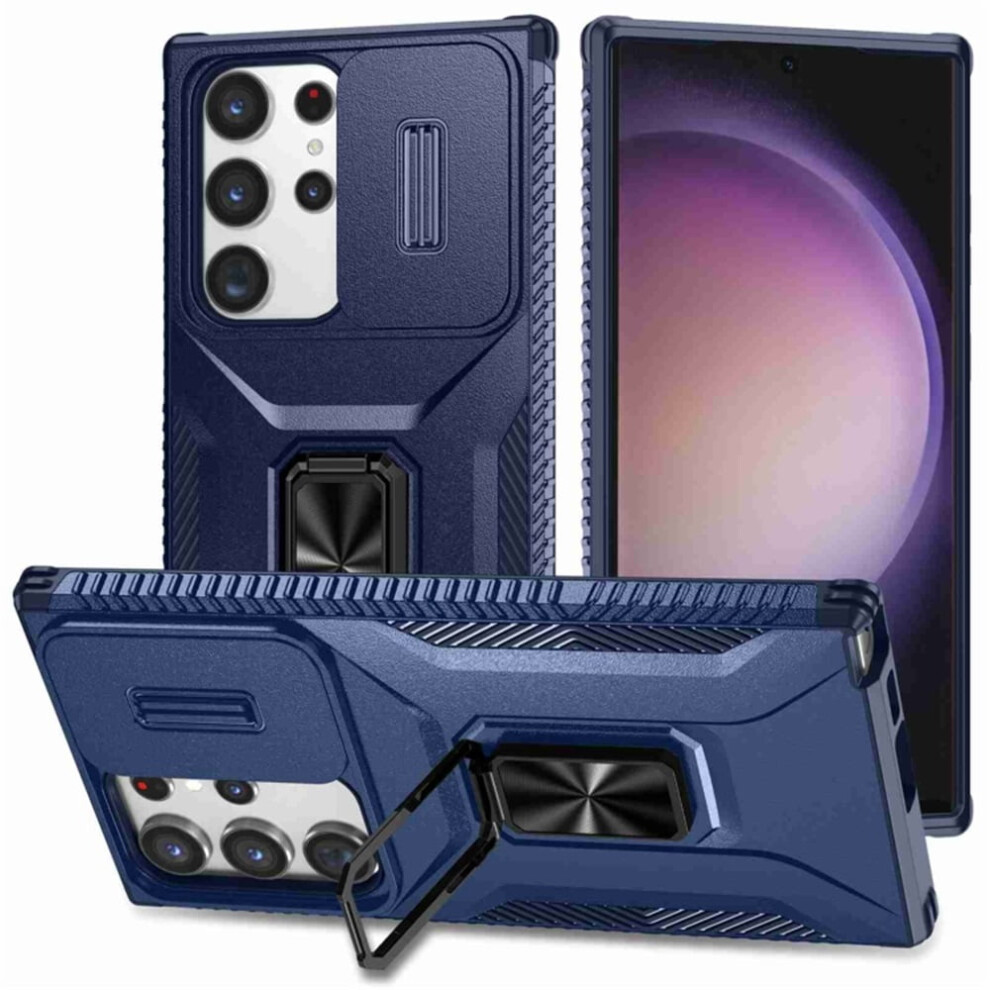 Slim Fit Shockproof Hybrid Case For Compatible With Samsung Galaxy S23 Ultra 5GâMilitary-Grade, Slide Camera Cover & Rotating Ring Kickstand, Blue 9313598249623