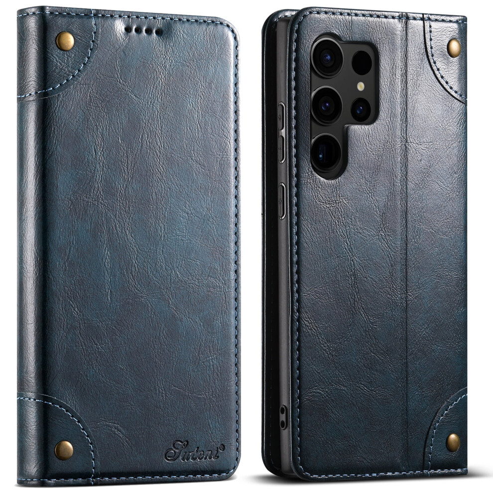 Leather Wallet Folio Case For Compatible With Samsung Galaxy S25 UltraâMagnetic Closure, Stand, Id/Cc Slots Blue 9313598250926