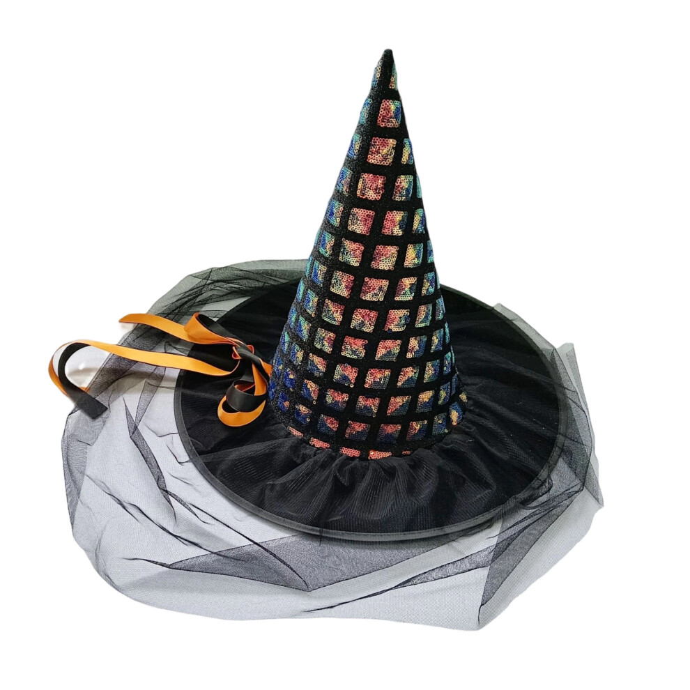Blue (38Cmx35cm, ) Women Witch Hat, Shiny Sequins Ribbons Halloween Hat With Veil Party Hat For Cosplay Festival