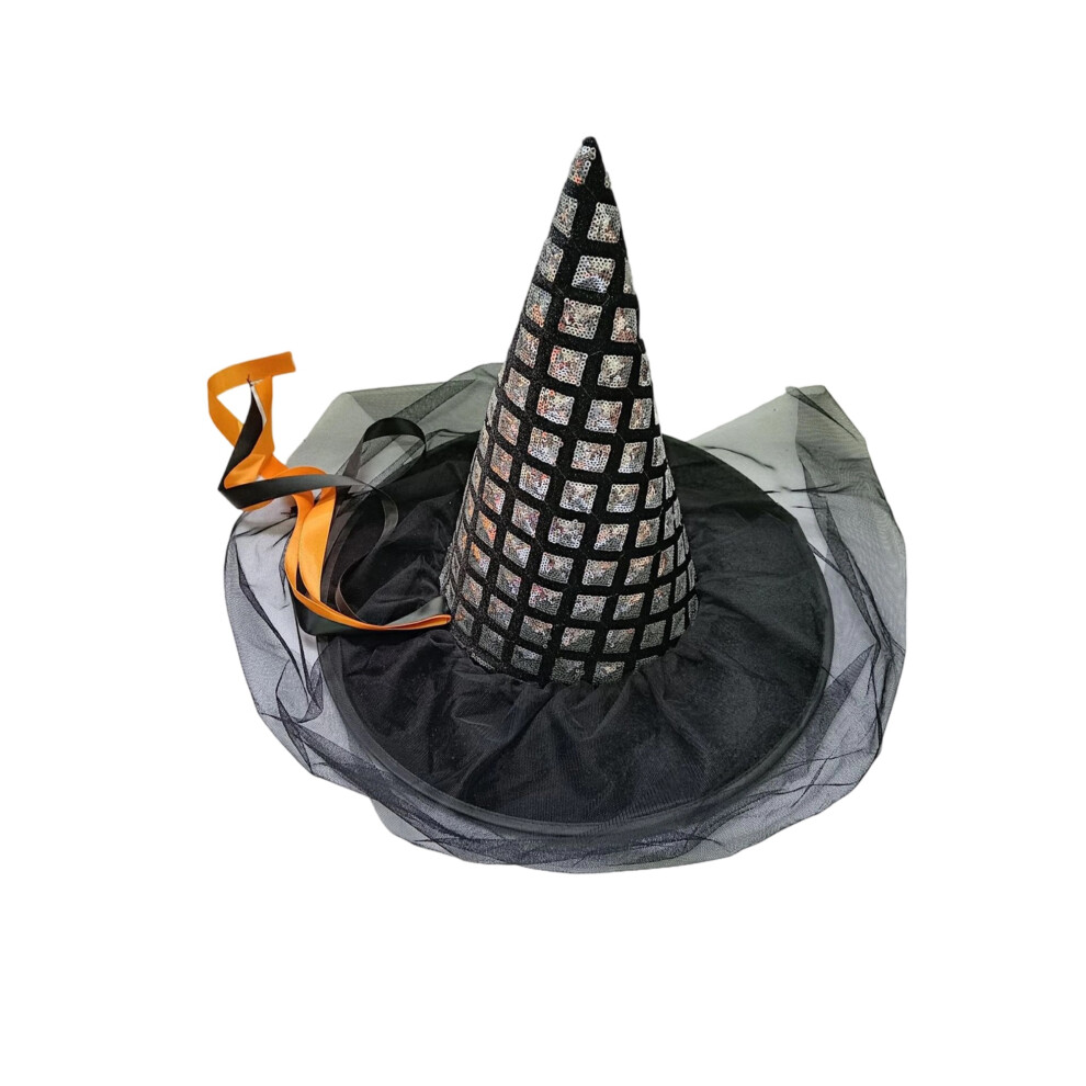 Silver (38Cmx35cm, ) Women Witch Hat, Shiny Sequins Ribbons Halloween Hat With Veil Party Hat For Cosplay Festival