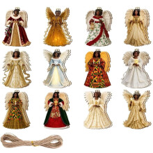 24pcs Wooden Black Angel Ornaments, African American Christmas Tree Decor, Hanging Wood Tags with Rope – Compatible with Xmas Tree