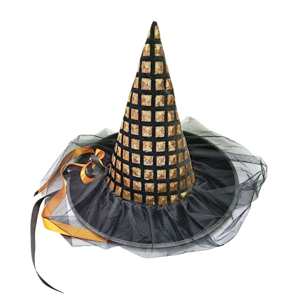 Gold (38Cmx35cm, ) Women Witch Hat, Shiny Sequins Ribbons Halloween Hat With Veil Party Hat For Cosplay Festival