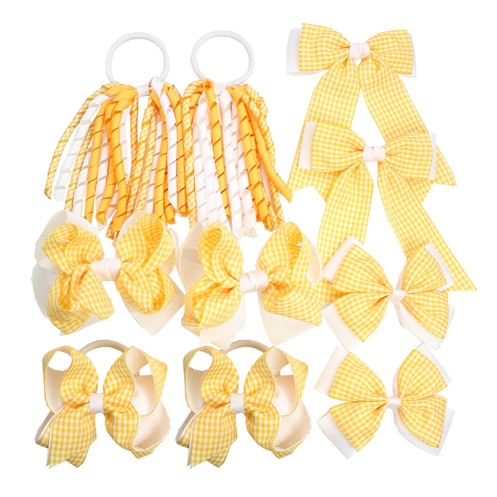 (10 Pcs, Yellow) 10Pcs Back to School Hair Bow Tie Set Plaid Scrunchies for Girls Ponytail Holders Hair Accessories Bow Barrette