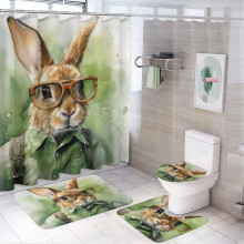 Ensemble de douche (4 pièces) motif lapin aquarelle avec tapis antidérapant, couvre-abattant de toilette et tapis de bain – Pâques/Printemps,