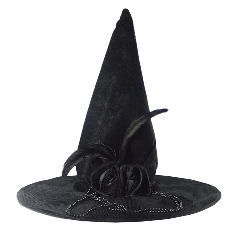 Black (One Size, ) Halloween Witch Hat Gothic 3D Flower Feather Wizard Hat Masquerade Cosplay Hat Costume Accessories