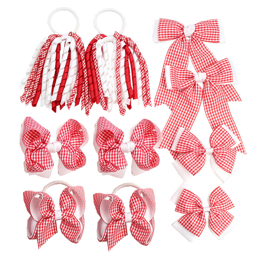 (10 Pcs, Red) 10Pcs Back to School Hair Bow Tie Set Plaid Scrunchies for Girls Ponytail Holders Hair Accessories Bow Barrette