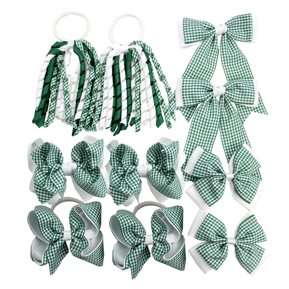 (10 Pcs, Green) 10Pcs Back to School Hair Bow Tie Set Plaid Scrunchies for Girls Ponytail Holders Hair Accessories Bow Barrette