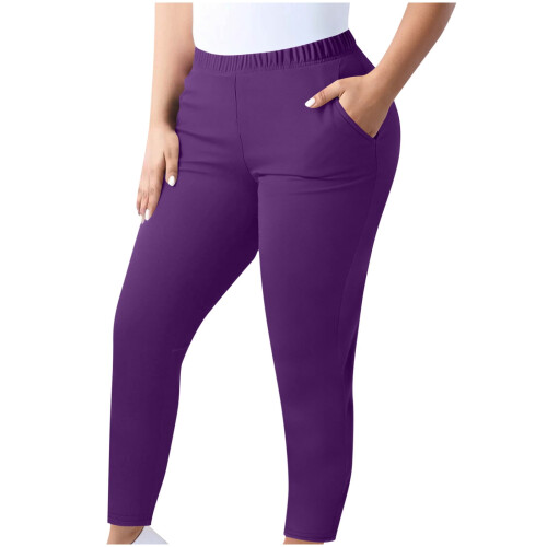 Μωβ Γυναικείο Παντελόνι Plus Size με Τσέπες - Ελαστική Μέση, Μέχρι τον Αστράγαλο, Casual &