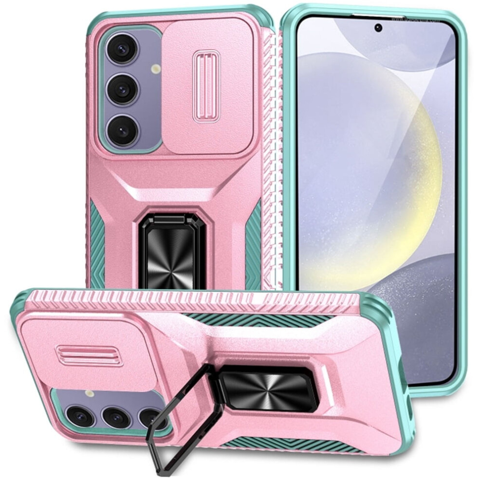 Slim Fit Shockproof Hybrid Case For Samsung Galaxy S24 Fe 5G—Military-Grade, Slide Camera Cover & Rotated Ring Kickstand, Pink/Green 9496895281883