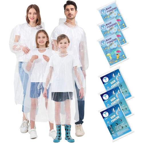 Disposable Rain Poncho Family Pack 6 pcs 50% Thicker with