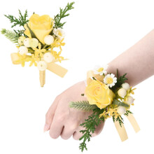 2pcs Light Yellow Wrist Corsage & Boutonniere Set, Satin Rose Fabric Flowers, for Wedding, Graduation, Prom, Homecoming – Compatible with All Suits