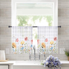 Sheer Curtains 52"x54", Rustic Pink/Yellow Floral & Grey Plaid, Light Filtering Voile Drapes with Rod Pocket – 2 Panels