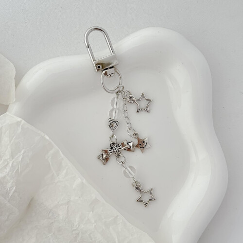 Pingente de celular com estrela e laço prateados de 12 cm (4,72 polegadas) – Elegante pingente removível para celular