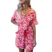 (S, Red) Women Pajamas Set Heart Print Button Short Sleeves Shirt and Drawstring Shorts for Loungewear Soft Sleepwear