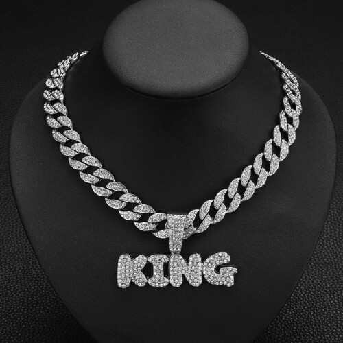 Κολιέ με γράμμα Hip Hop KING και κουβανέζικη αλυσίδα, κρύσταλλο 15 χιλιοστών με