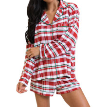 (S, Multi-color) Women's 2 Piece Pajamas Set Cute Long Sleeve Plaid Print Button Down Shirt + Shorts Set Lounge Clothes