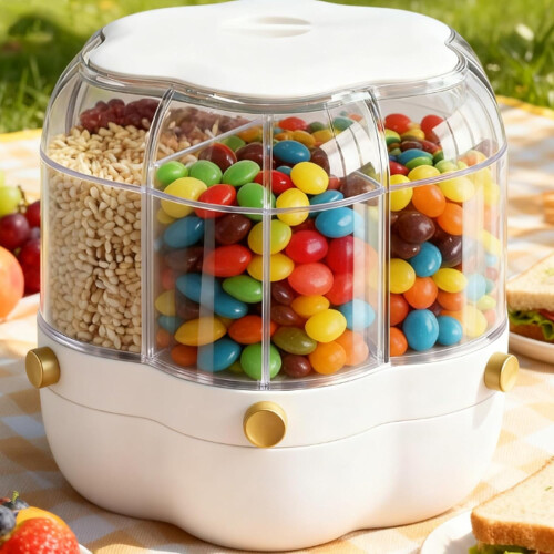 Candy Dispenser 360 Rotating with 6 Compartments, Large Capacity Multi-Purpose Kitchen Storage Container with Airtight Lid 1