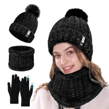 Womens Girls Thick Knit Hat Scarf and Touchscreen Gloves Set Knitted Winter Gift