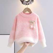 Juniors 14 Years Pink Cotton Knit Sweater, Ombre Crew Neck with Bow & Flower Decor, Loose Fit Warm Winter Sweater for School & Daily Wear