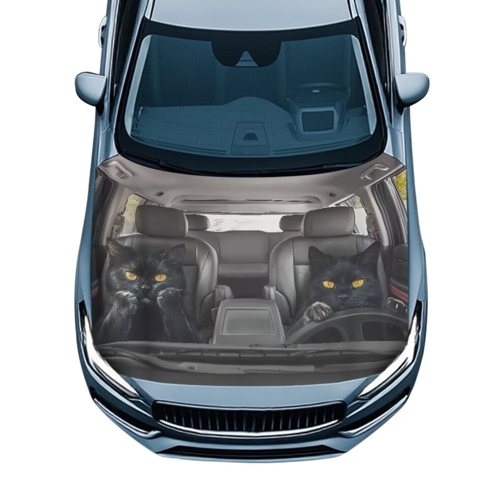 Waterproof Stretchable Polyester Car Hood Cover, Cat Design, Elastic & Washable, All-Season Bonnet Protection, Compatible With Most Cars Black 9399596693033