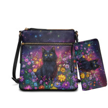 Dámska crossbody kabelka s potlačou mačky a sedmokrásky, z umelej kože, s viacerými vreckami na zips a peňaženkou (2 ks), nastaviteľný