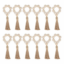 Rond de serviette bohème en perles de bois et pompons avec élastique ajustable pour serviettes, couverts ou marque-places – Décoration de table