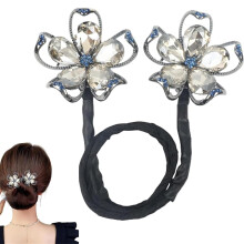 Rhinestone Flower Hair Clip Ocean Blue Feather Bun Maker